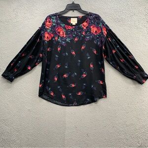 Maeve Gardenia Top Blouse Women’s Size L Black Red Floral Print Puff Sleeve